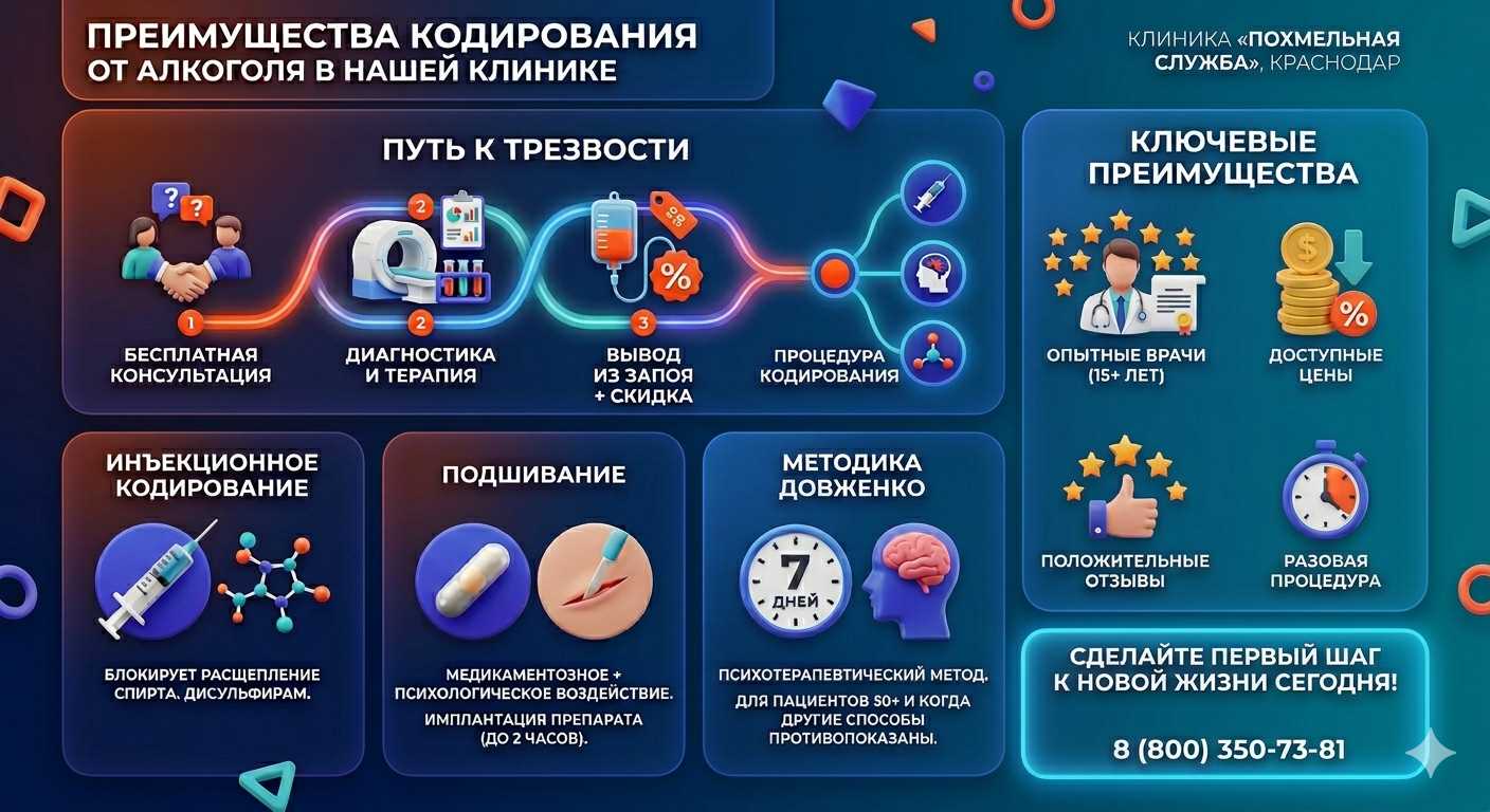 Инфографика о методах кодирования от алкоголя в Светлогорске: инъекции, подшивание, метод Довженко. Преимущества клиники и этапы лечения.